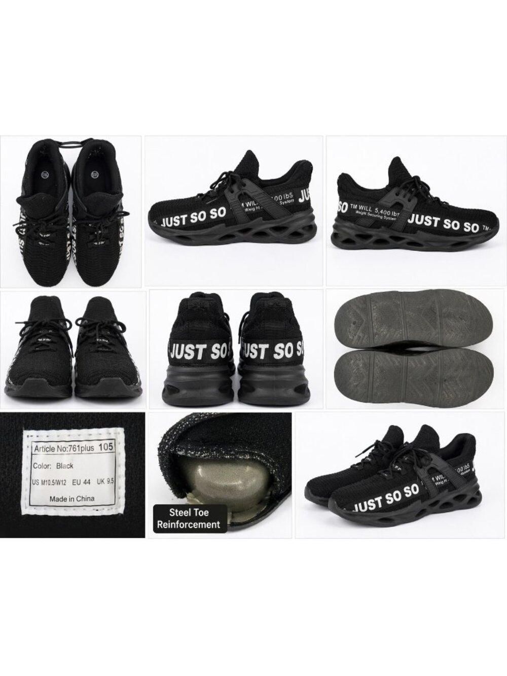 Just So So Steel Toe Work Shoes Mens 10.5 Black Lightweight Safety Sneakers